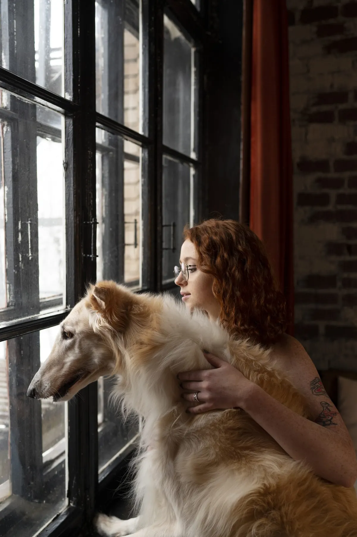 An owner sitting with their greyhound, hand resting on its back